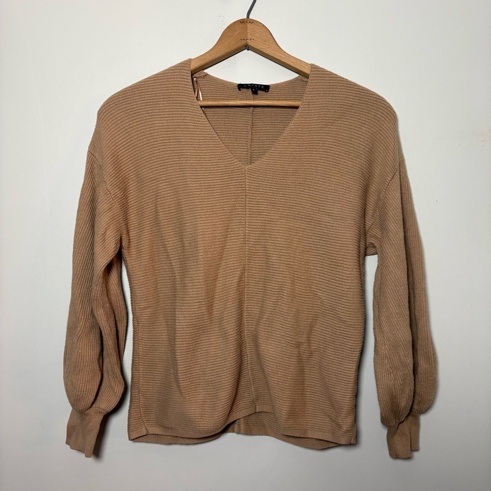 1. State Bishop Sleeve V-Neck Lightweight Sweater Cotton Viscose Brown Sz Small - Picture 2 of 9